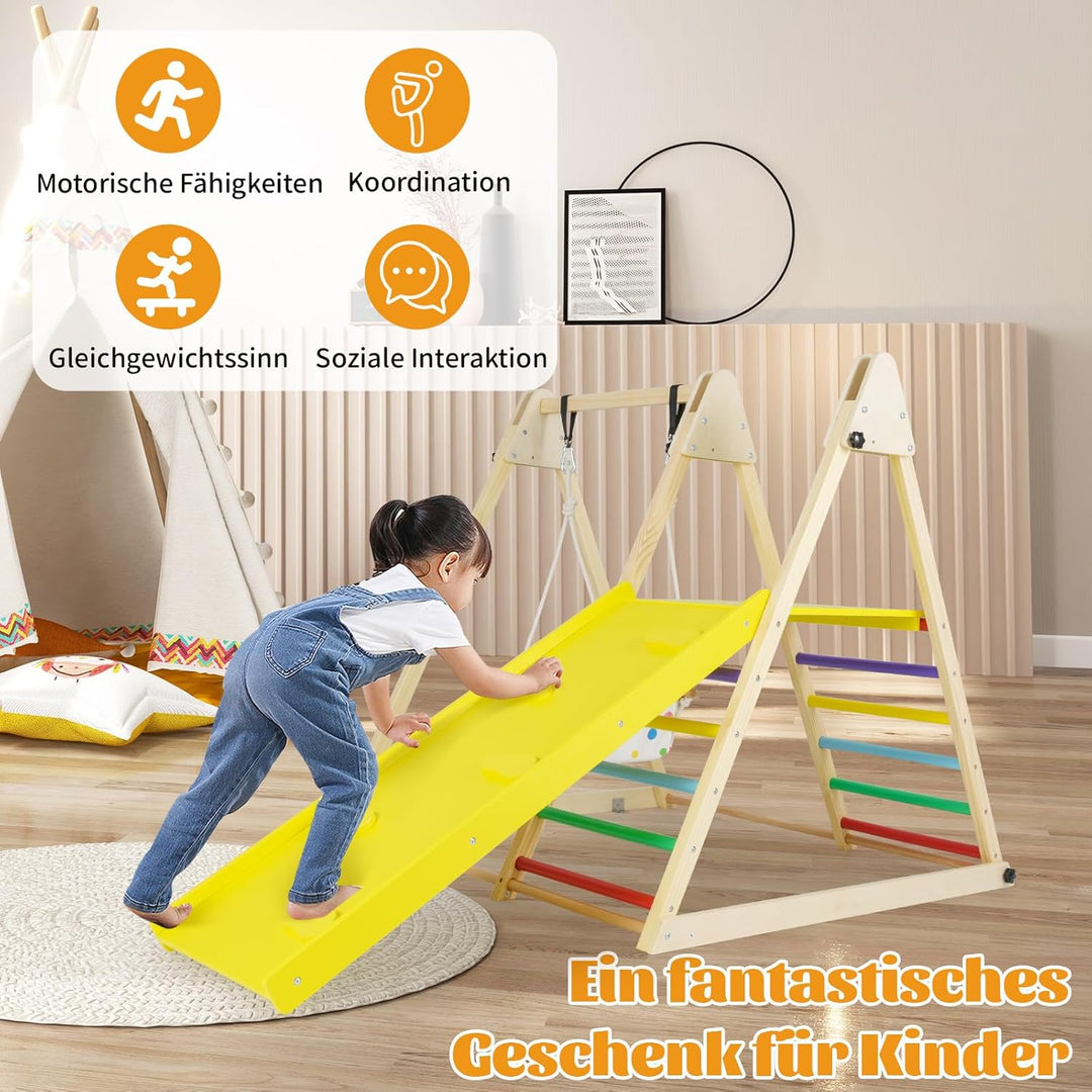 COSTWAY Klettergerüst Indoor, 4 in 1 Schaukel & Ruheplattform & Kletterrampe & Leiter, Kletterset zu