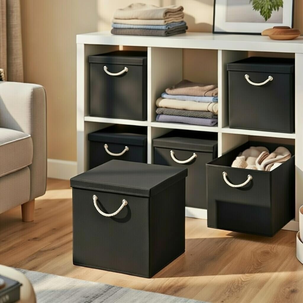 Stick&amp;Shine 4x Aufbewahrungs Korb Schwarz Faltbox 30 x 30 x 30 cm Regalkorb faltbar mit Kordel und m