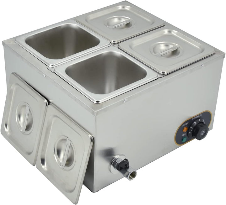 MOOTACO Elektrischer Wasserbad aus Edelstahl, Buffet, 4 x 1/6 mit Deckel, einstellbare Temperatur 30