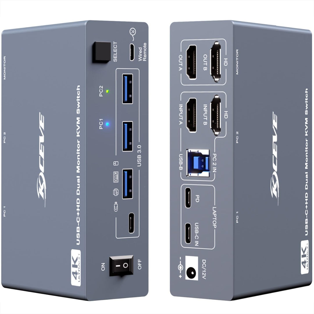 KVM Switch 2 Monitore 1 Desktop 1 Laptop 4K@60Hz, 7-in-1 Dual Monitor KVM Switch Dockingstation, 2 H