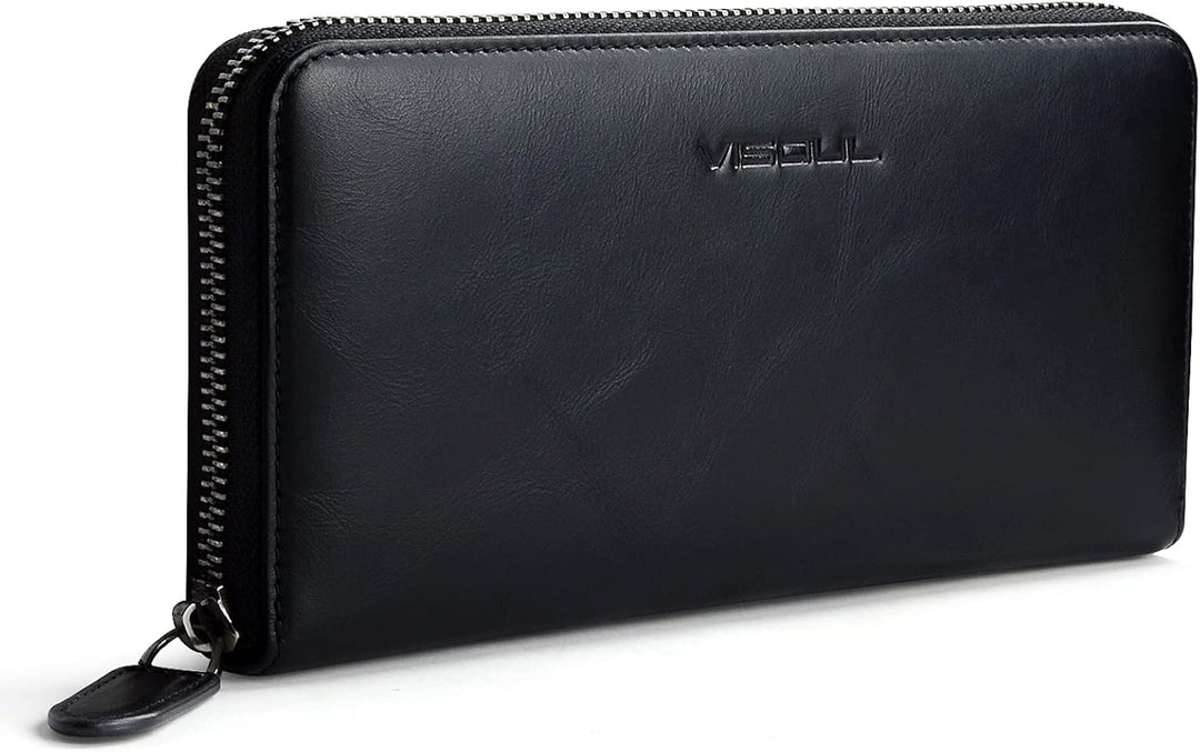 VISOUL Premium Brieftasche Echtleder/Italienisches Leder mit RFID-Schutz, XXL Geldbörse Schwarz L02,