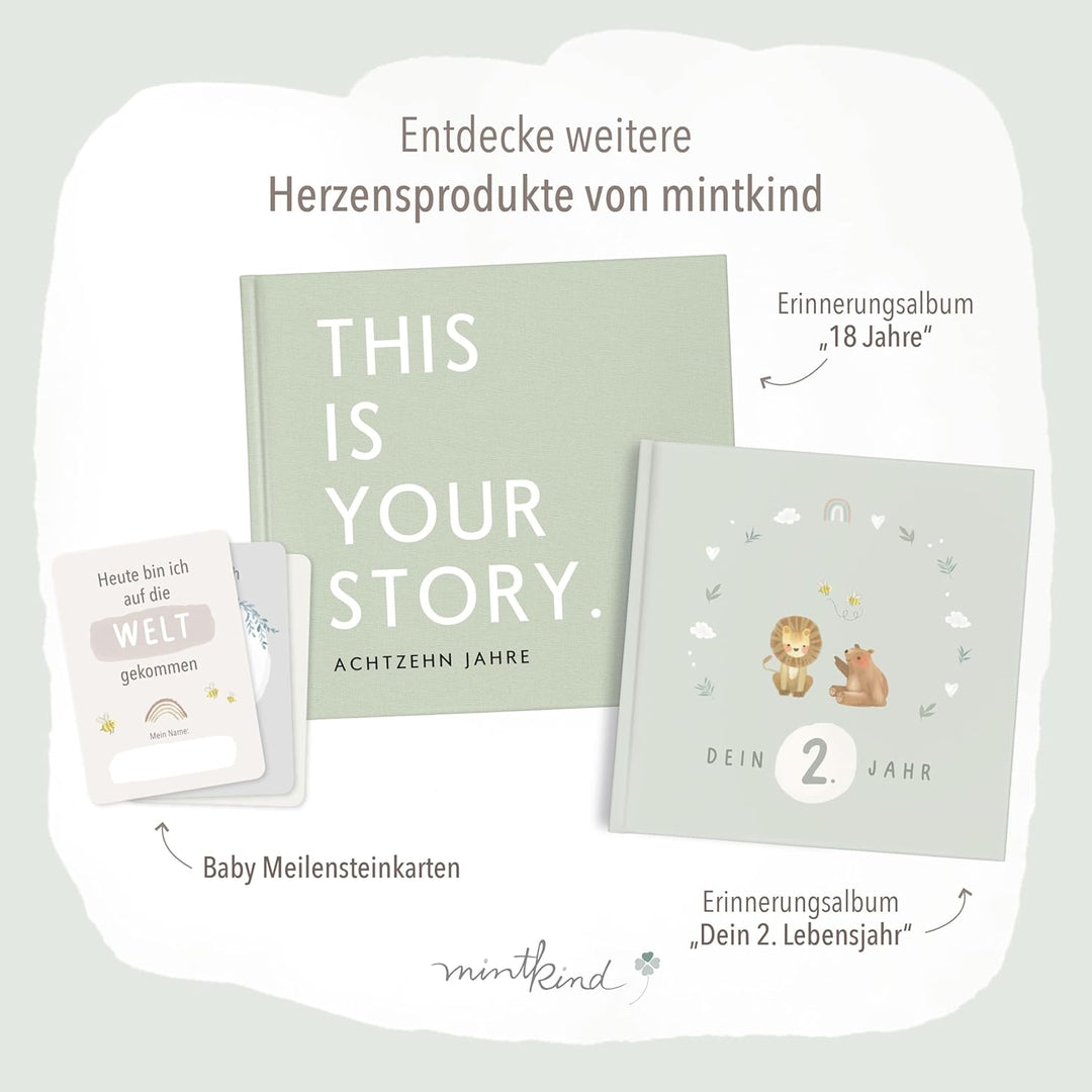 mintkind® Mein erstes Jahr Babyalbum Pattern Salbei – sanftes Babytagebuch mit 176 Seiten und Sticke