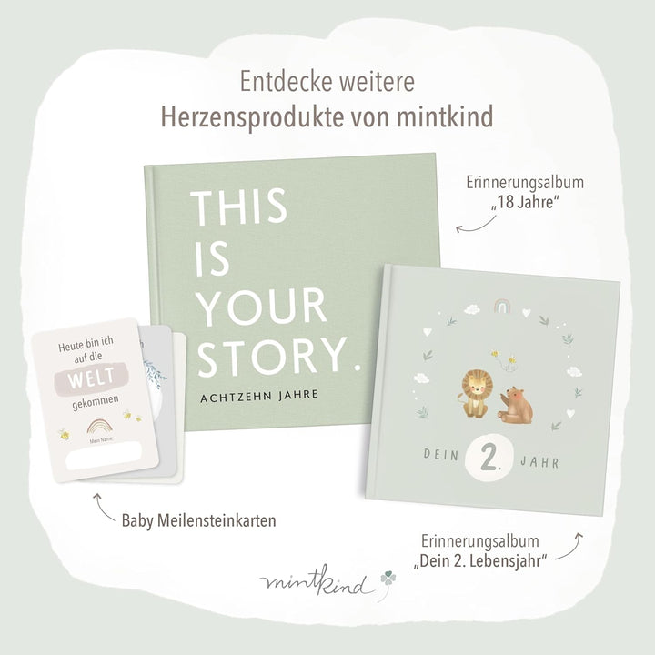 mintkind® Mein erstes Jahr Babyalbum Pattern Salbei – sanftes Babytagebuch mit 176 Seiten und Sticke