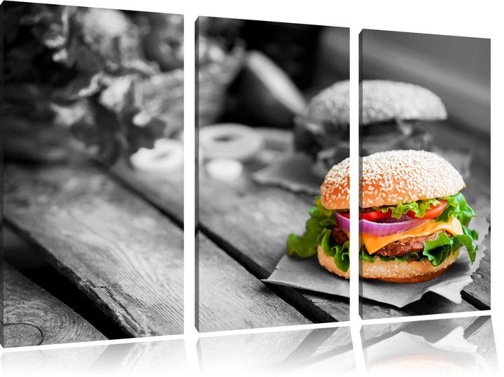 Pixxprint Leckere Burger als Leinwandbild | Grösse: 3 Teilig (120x80) | Wandbild| Kunstdruck | ferti