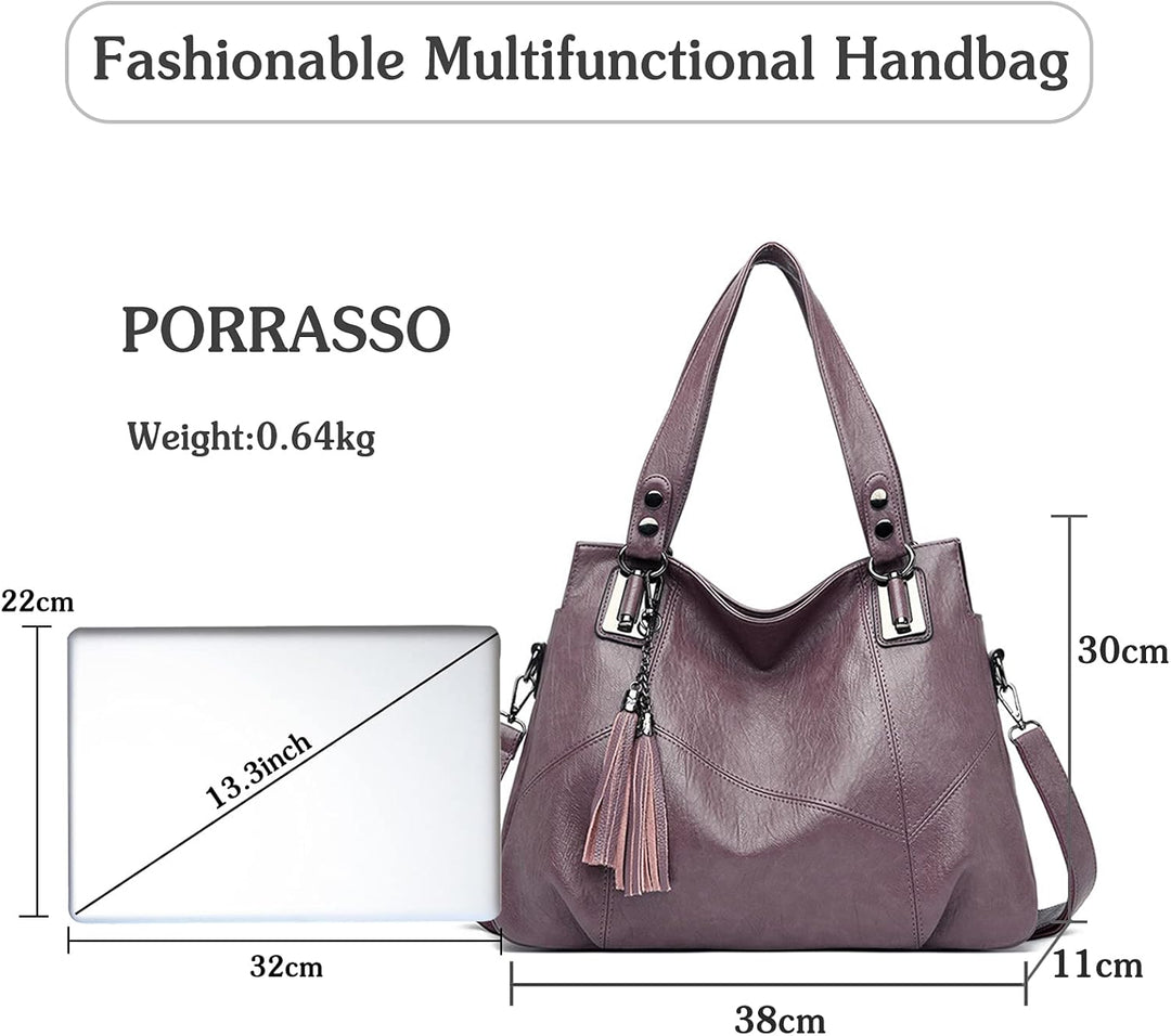 PORRASSO Damen Handtasche Mode Hobo Schultertasche Frauen Umhängetasche Grosse PU Leder Henkeltasche