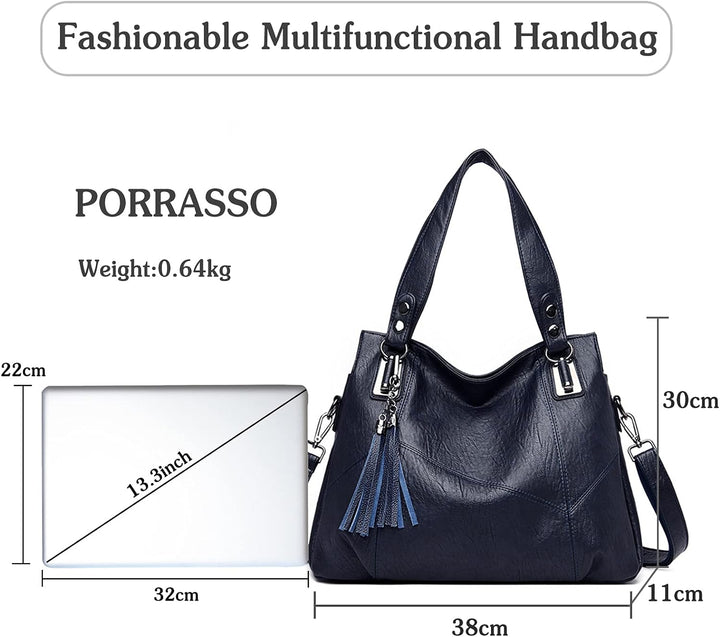 PORRASSO Damen Handtasche Mode Hobo Schultertasche Frauen Umhängetasche Grosse PU Leder Henkeltasche