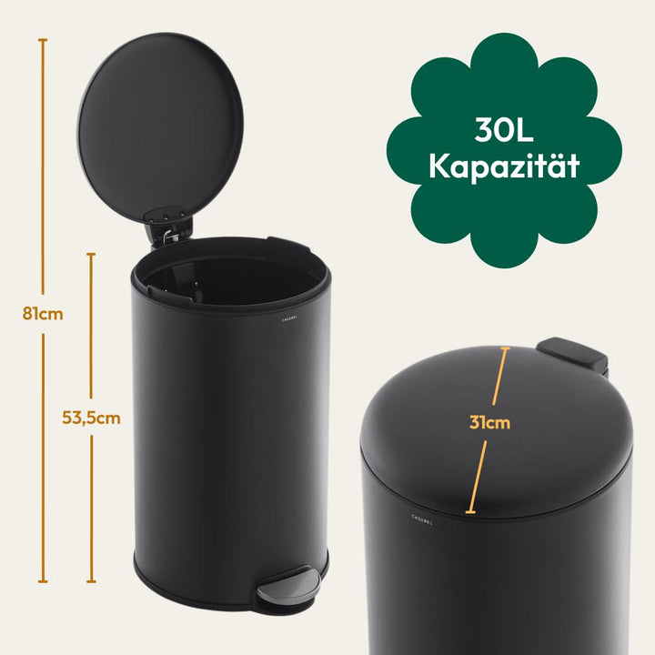 CASABEL runder Küchenabfalleimer 30L, Edelstahl, schwarz 30 liters Schwarz, 30 liters Schwarz
