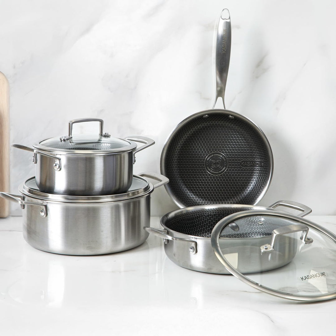 KASANOVA Tri-ply Kochgeschirr-Set 7-teilig, dreilagiger Edelstahl, für Induktion und alle Herdarten
