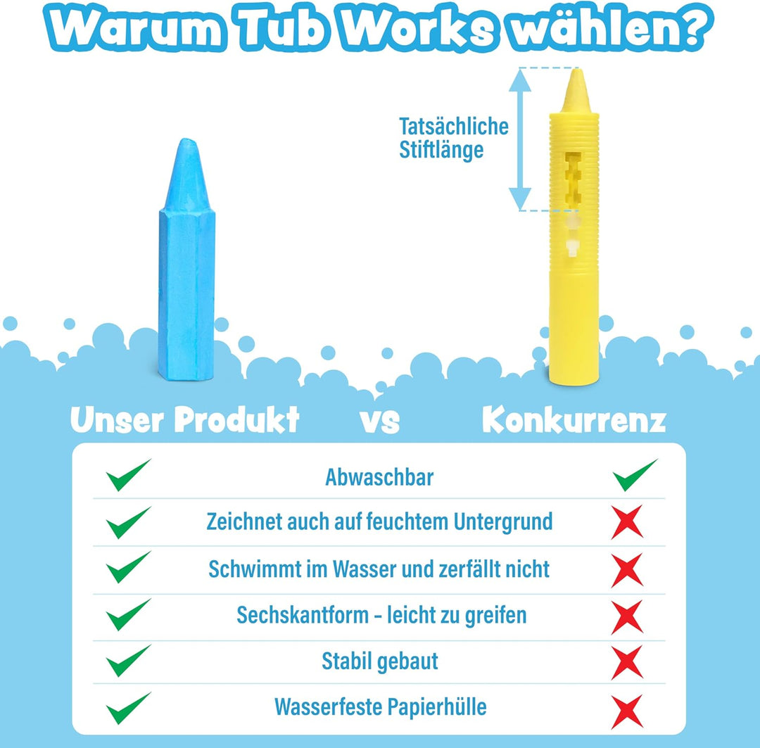 Tub Works® Badestifte Badespielzeug, 12 Stifte | Ungiftige, abwaschbare Badewannenstifte für Kleinki