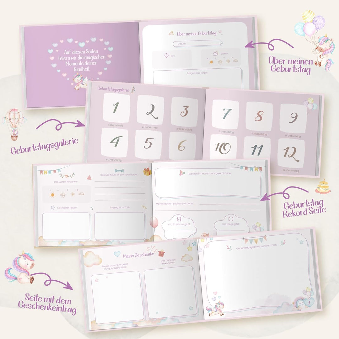 Geburtstagsbuch Erinnerungsalbum mit Aufklebern | Meine Kindergeburtstage von 1 bis 12 Fotobuch Albu