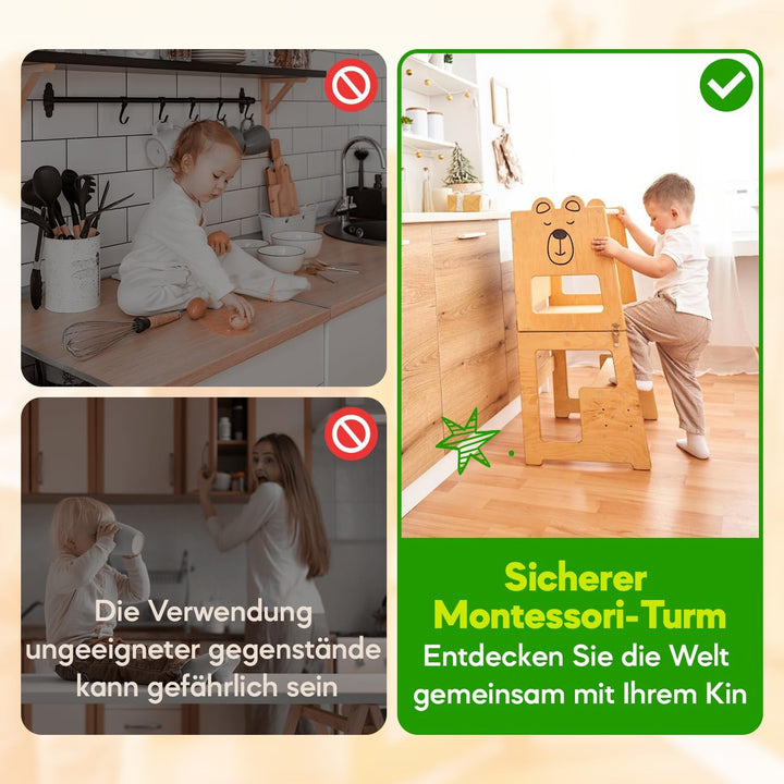 KAUZA Lernturm für Kinder ab 1 Jahr Klappbar, 3 in 1 Montessori Learning Tower, Kippschutz Kinderhoc