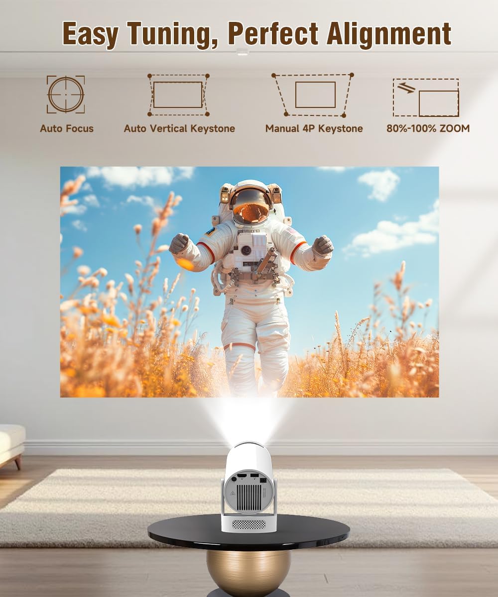 Alwtniet Mini Projektor, Mini Beamer 4K Unterstützt, Wi-Fi 6 und Bluetooth 5.4, 5W Lautsprecher, Aut