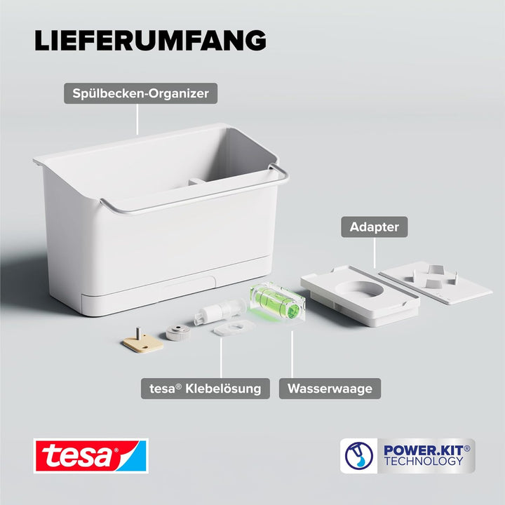 tesa Küchenzubehör Spülbecken-Organizer - selbstklebender, hängender Spülorganizer für Seife, Spülbü