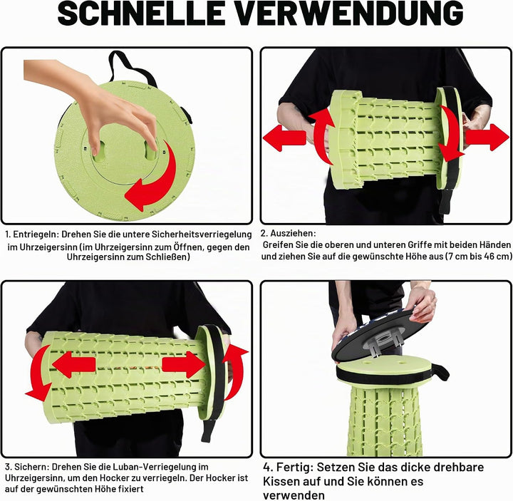 ALEVMOOM Tragbarer Klapphocker mit Kissen,Camping Hocker Teleskophocker,Klappbarer Hocker,Mini Leich