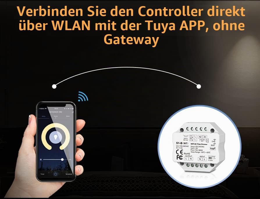 230V Dimmer mit Wifi + Funk + Push-Dim, TRIAC, universell einstellbar für LED mit Phasenan- oder Pha
