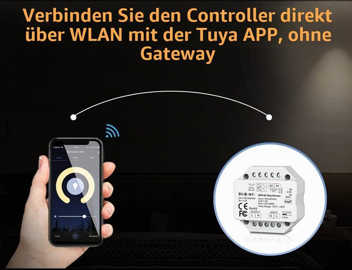 230V Dimmer mit Wifi + Funk + Push-Dim, TRIAC, universell einstellbar für LED mit Phasenan- oder Pha