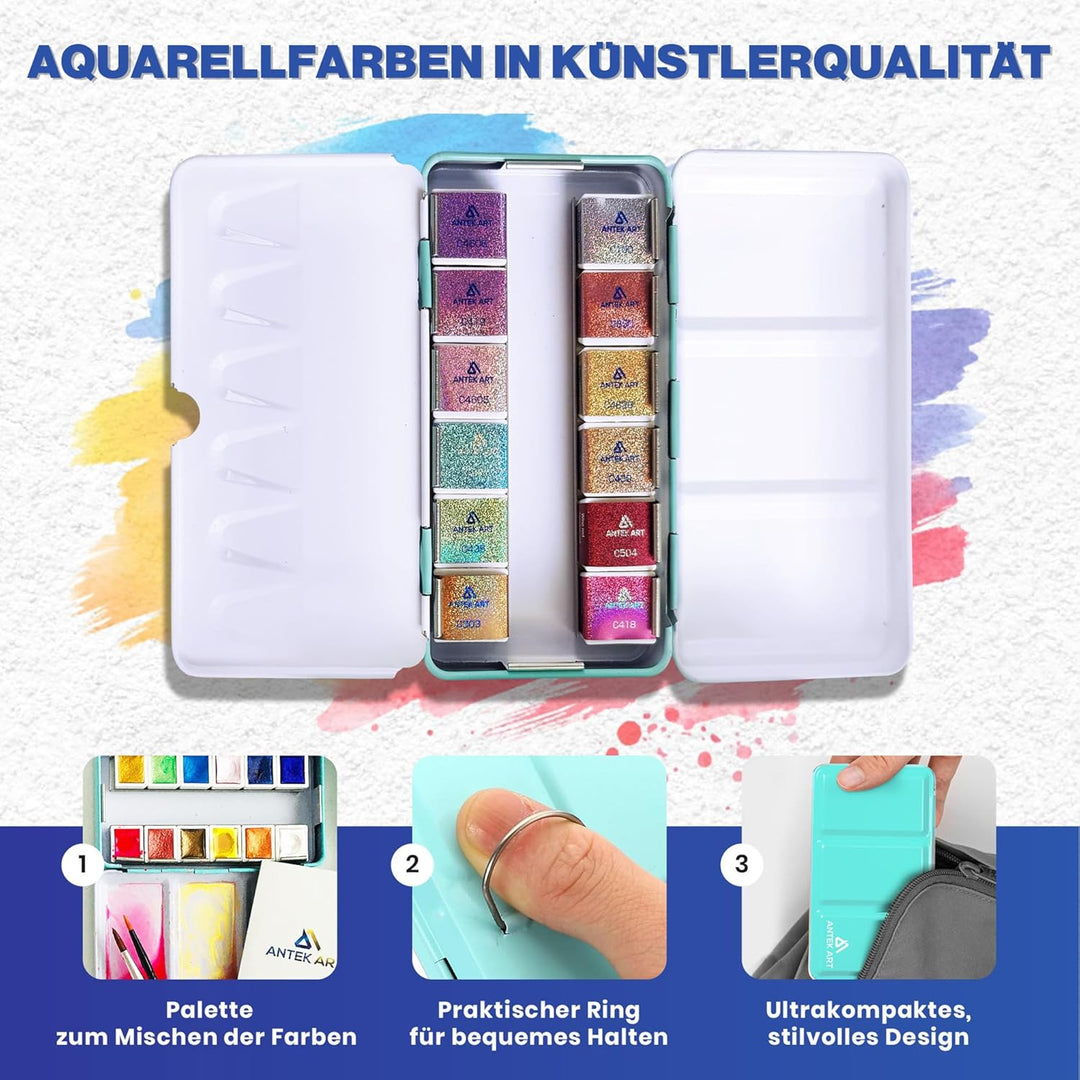 ANTEK ART® Aquarellfarben Set [12x Metallic Glitzerfarben] – Aquarell Set unterwegs im Metallkoffer