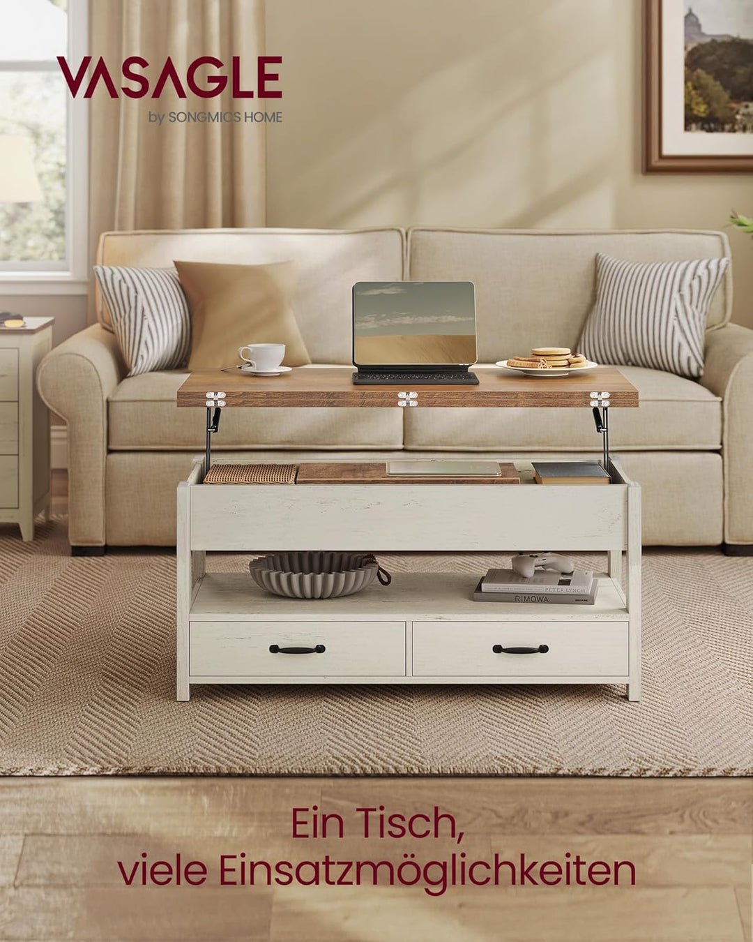 VASAGLE Couchtisch, höhenverstellbarer Wohnzimmertisch, Gaszylinder, 2 Schubladen, 3 Fächer unter de