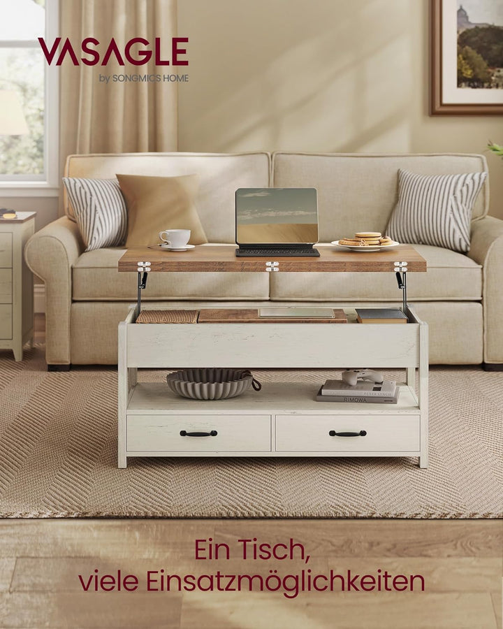 VASAGLE Couchtisch, höhenverstellbarer Wohnzimmertisch, Gaszylinder, 2 Schubladen, 3 Fächer unter de
