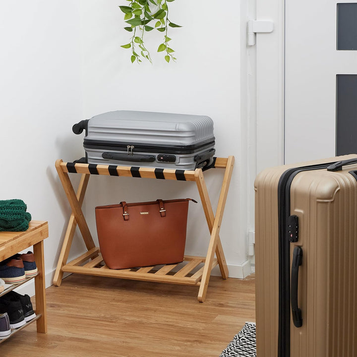 Relaxdays Kofferständer, klappbar, Bambus, HBT: 56 x 68,5 x 41,5 cm, Gepäckständer mit Ablage, Koffe