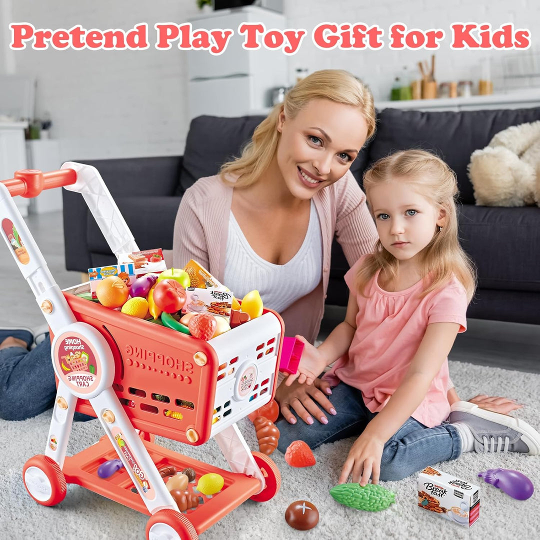 Einkaufswagen für Kinder, 31PCS Supermarkt Einkaufswagen Spielzeug mit Obst Gemüse Kaufladen Zubehör