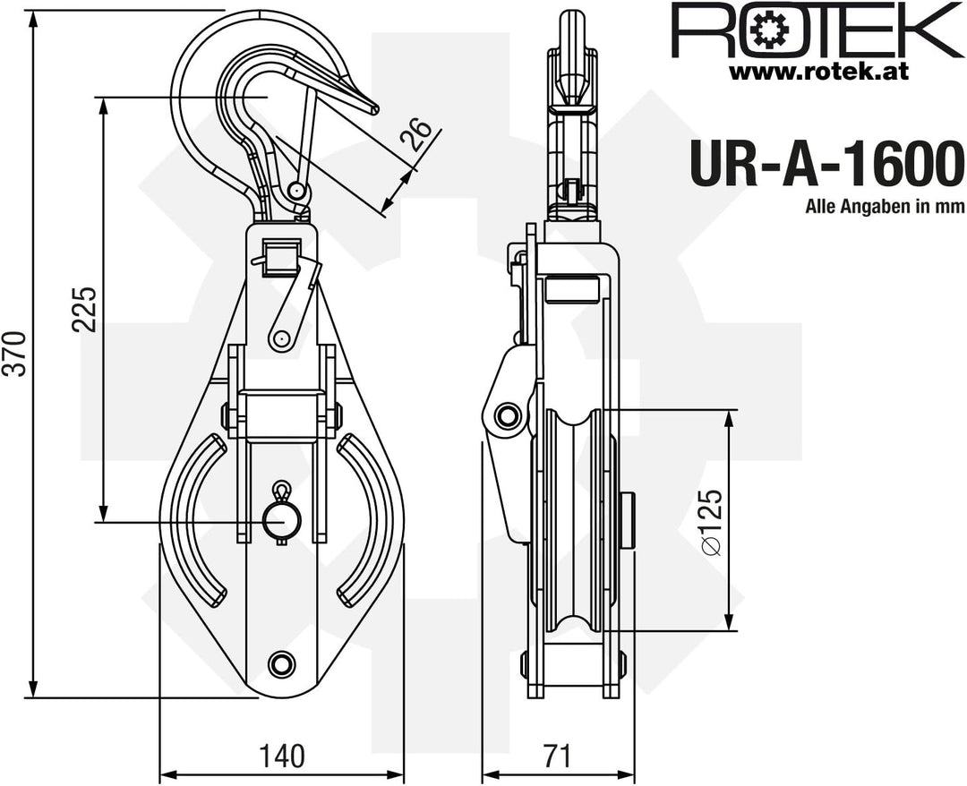 Rotek Umlenkrolle für Seilzüge und Seilwinden, UR-A-Serie mit drehbarem Haken und Sicherheitsfalle m