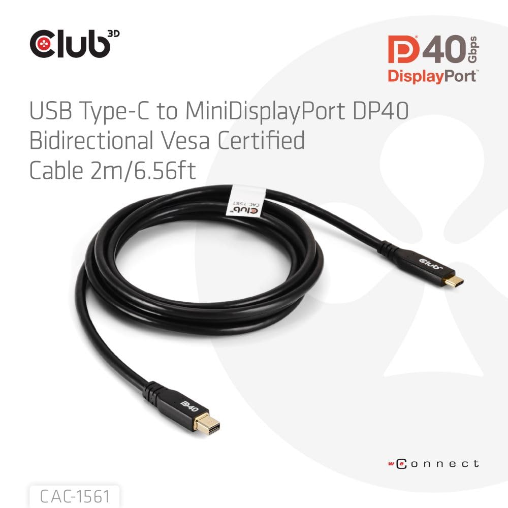 Club3D CAC-1561 USB Typ-C auf MiniDisplayPort DP40 bidirektionales VESA zertifiziertes Kabel 2m, CAC
