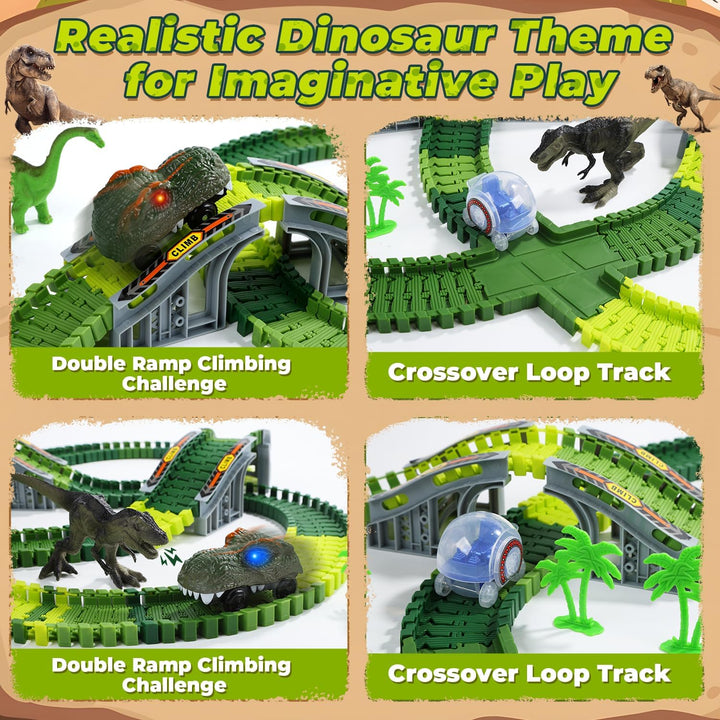 EagleStone Dinosaurier Rennbahn Set für Kinder – 233 Rennstreckenteile, 2 elektrische Dino-Autos mit