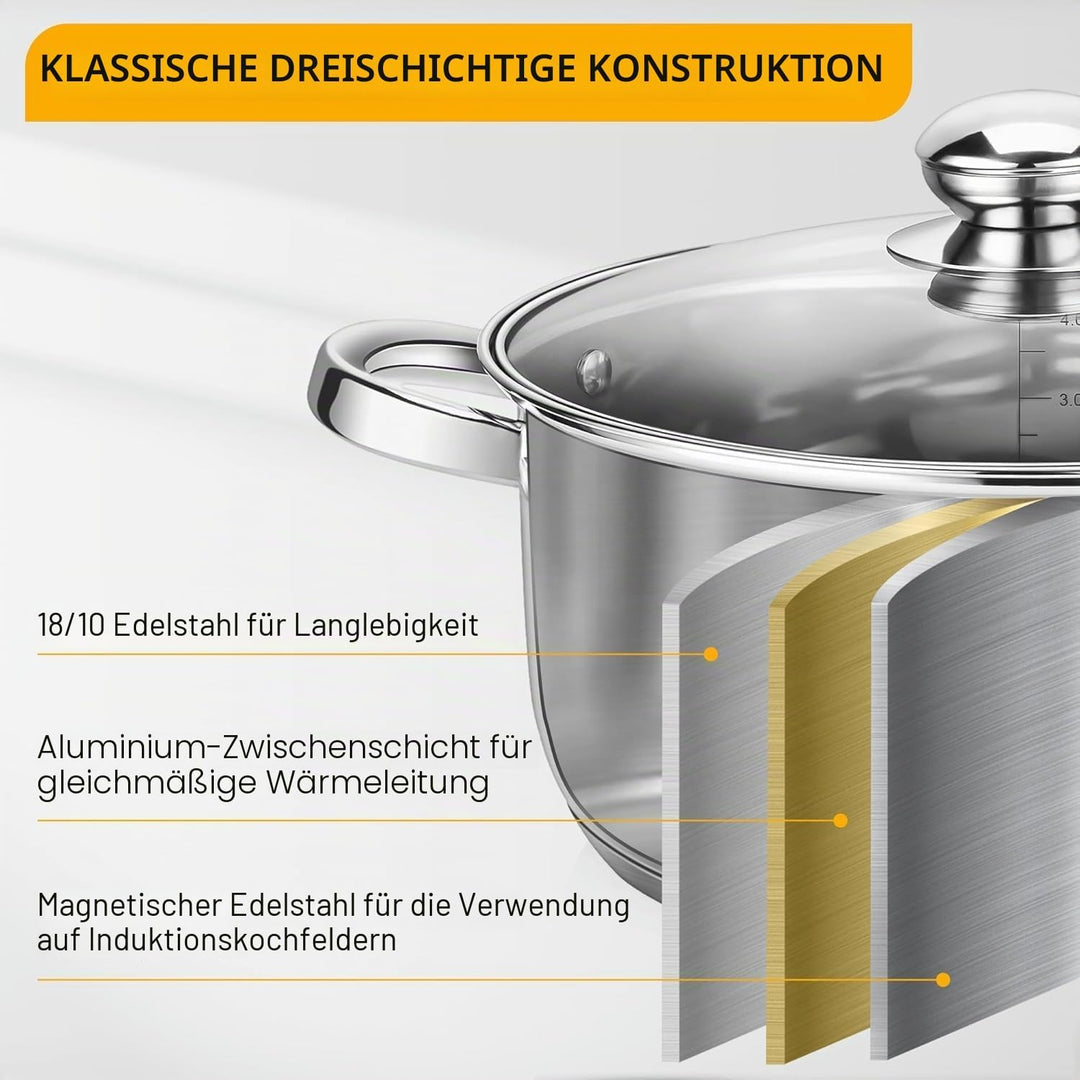 Velaze Töpfe Set, 7-teilig Kochtopf Set aus Edelstahl, Topf Induktion mit Glasdeckeln, PFOA frei, Kl