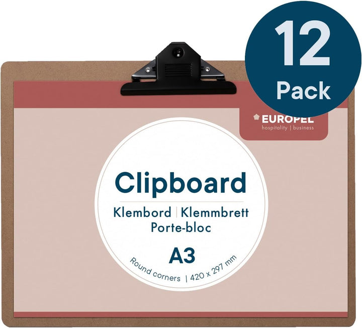 Europel Klemmbrett aus Holz, A3, Querformat, 12 Stück, FSC-zertifiziert, MDF, mit schwarzem Metallcl