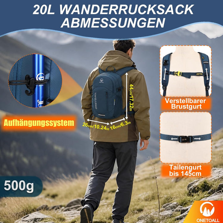Diebstahlsicherer Wanderrucksack Damen 20L, Leichter Tagesrucksack Herren Klein, Wasserdichter Fahrr