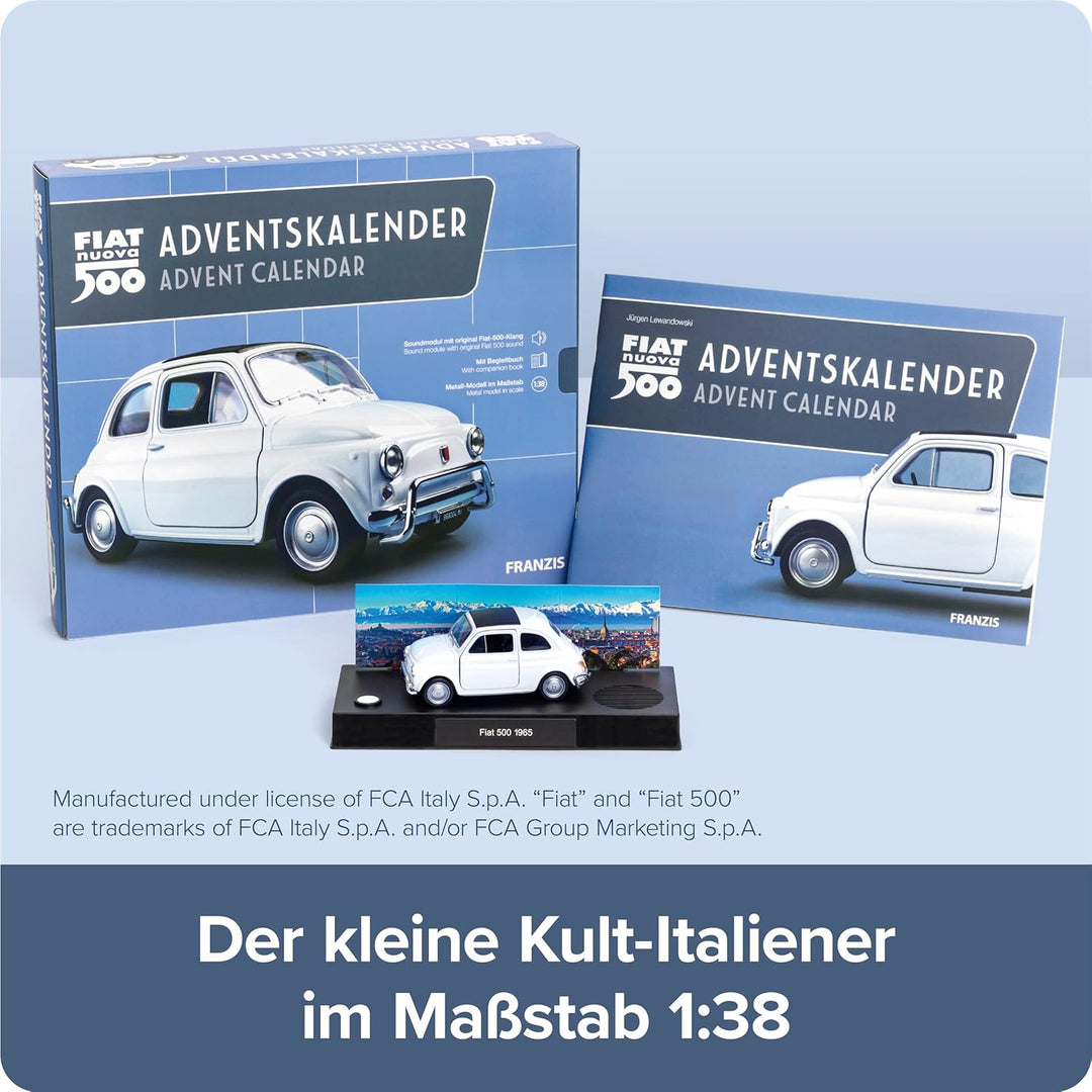 FRANZIS 67168 - Fiat 500 Adventskalender, Metall Modellbausatz im Massstab 1:38, inkl. Soundmodul un