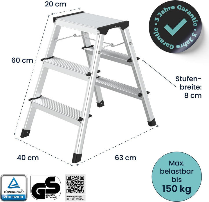 flexilife Trittleiter - Tritt Leiter Aluminium - Trittleiter 3 Stufen klappbar - Klappleiter bis 150