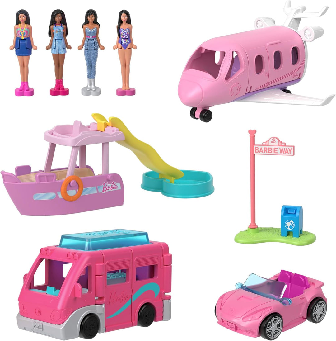 Barbie Mini BarbieLand 4er-Set Puppen- und Spielzeugfahrzeugset mit 4 ca. 3,8 cm grossen Puppen und