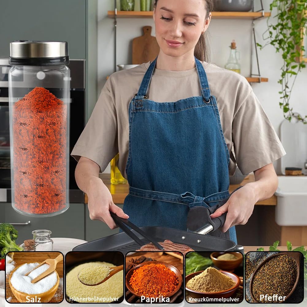 3 Stück Gewürzgläser mit Drehdeckel, 300ml Borosilikatglas Gewürzstreuer Round mit 4 Arten, Luftdich