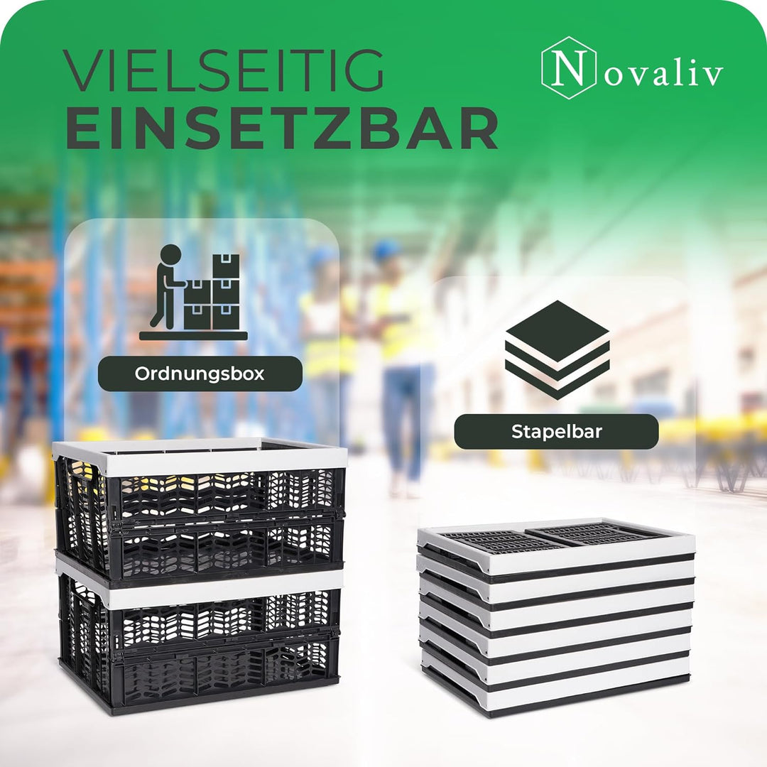 Novaliv Klappboxen faltbar stabil | 4x 30L Grau Schwarz baskets Einkaufskiste| Klappkisten Set Trage