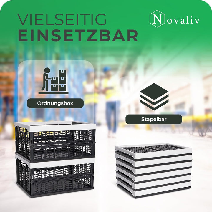 Novaliv Klappboxen faltbar stabil | 4x 30L Grau Schwarz baskets Einkaufskiste| Klappkisten Set Trage