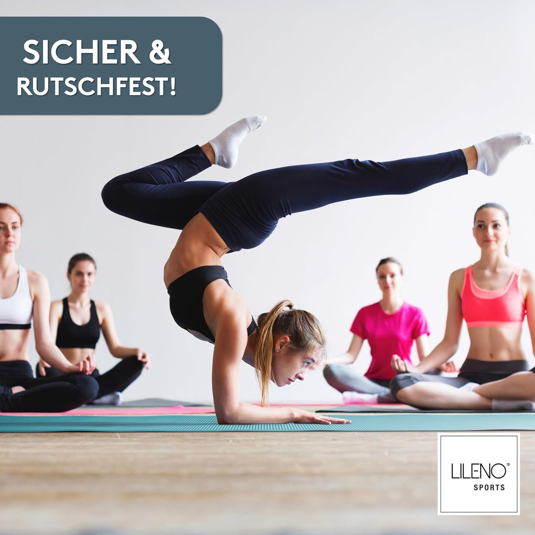 LILENO SPORTS Yoga Matte (180x60cm) inkl. Tragegurt - Sport und Yogamatte extra rutschfest in 4 mm D