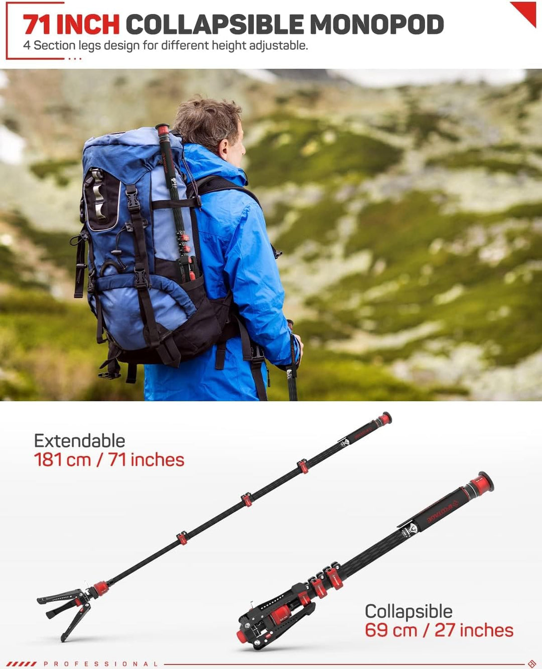 IFOOTAGE Cobra 3 Einbeinstativ Kamera C180F-P, automatische 1/4"- und 3/8"-Schraube, Kohlefaser, mit