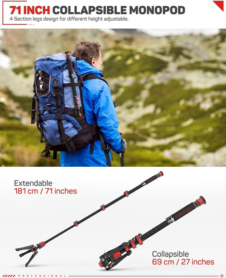 IFOOTAGE Cobra 3 Einbeinstativ Kamera C180F-P, automatische 1/4"- und 3/8"-Schraube, Kohlefaser, mit