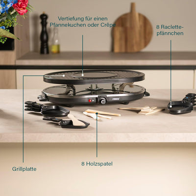 Princess Raclette Grill - Oval, 8 Pfannen, Multifunktionale Platte mit Crépes Bereich, 1200 Watt, 42