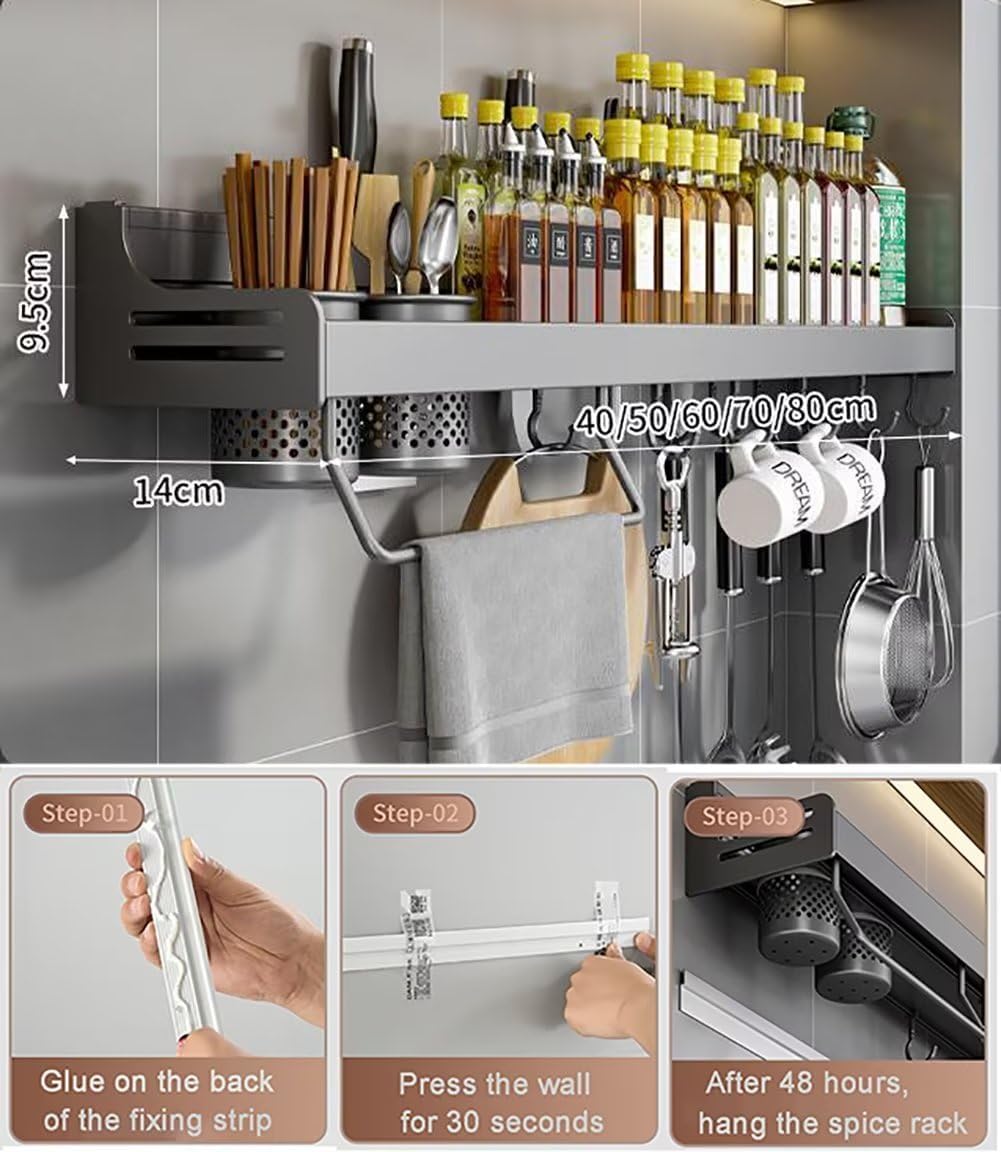 Gewürzregal,Küchenregal Wand ohne Bohren,Gewürzregal Hängend Mit 6 Haken & 2 Hängebecher Anhebbares,