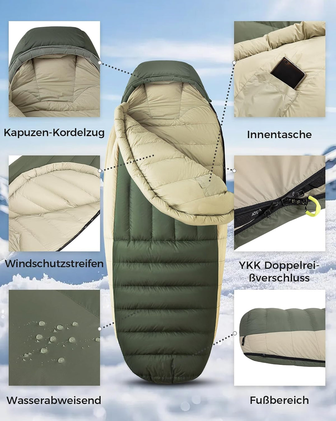 ATEPA Premium RDS Daunen Schlafsack ISO-Zertifiziert, 700FP Entendaune Extra Breit für Kaltes Wetter