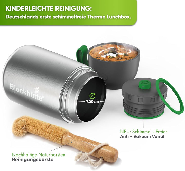 Blockhütte Edelstahl Thermobehälter I 1L l Essen warmhalten Behälter, auslaufsicher I Thermos Essens