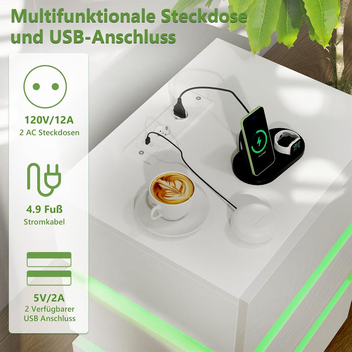 PIPIPOXER LED Nachttisch 2er Set mit Steckdose & USB, Nachttisch Weiss Hochglanz mit 3 Schubladen, N