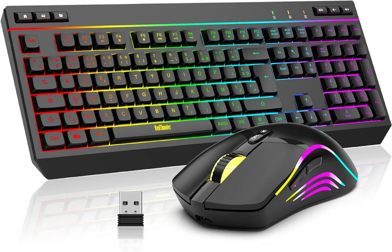 RedThunder K20 Kabellose Tastatur und Maus, wiederaufladbar, französisches AZERTY, RGB-Hintergrundbe
