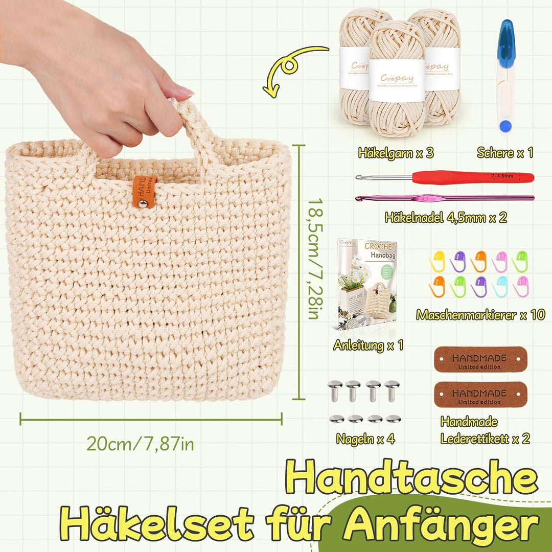 Coopay Häkelset für Anfänger, Häkelset Tasche mit Häkelnadel 4,5mm, Anleitung, 5mm Dicke Wolle zum H