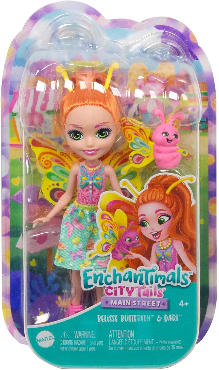 Enchantimals Puppen, City Tails Puppe Belisse Butterfly und Tierfreund Dart, Kleine Puppe mit abnehm