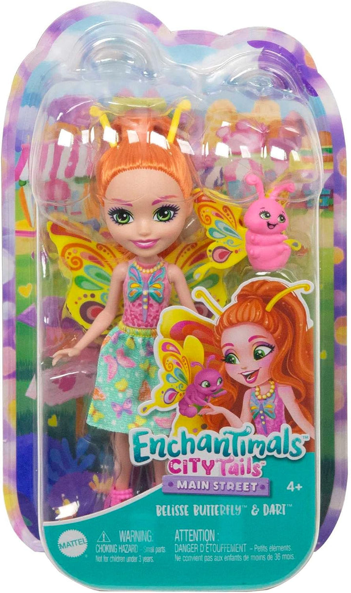 Enchantimals Puppen, City Tails Puppe Belisse Butterfly und Tierfreund Dart, Kleine Puppe mit abnehm