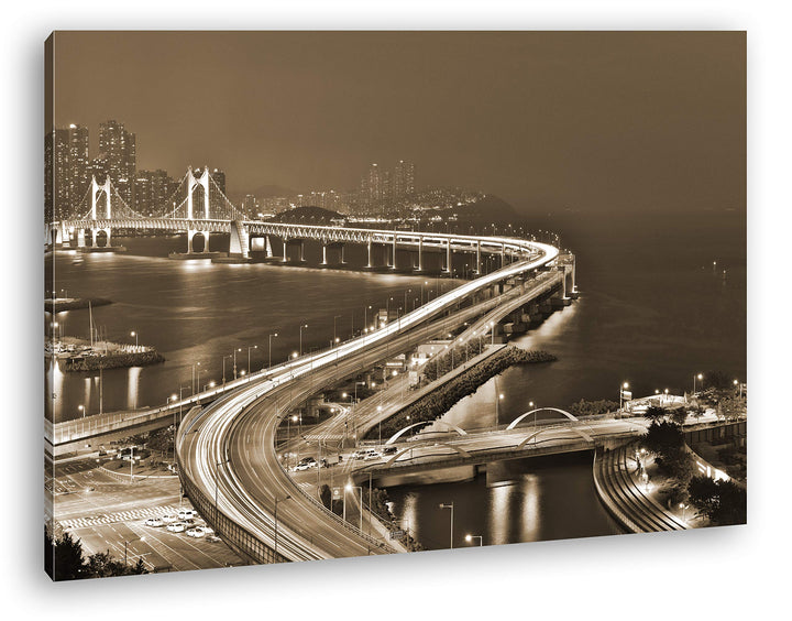 deyoli Gwangan-Brücke in Korea Format: 80x60 Effekt: Sepia als Leinwand, Motiv fertig gerahmt auf Ec